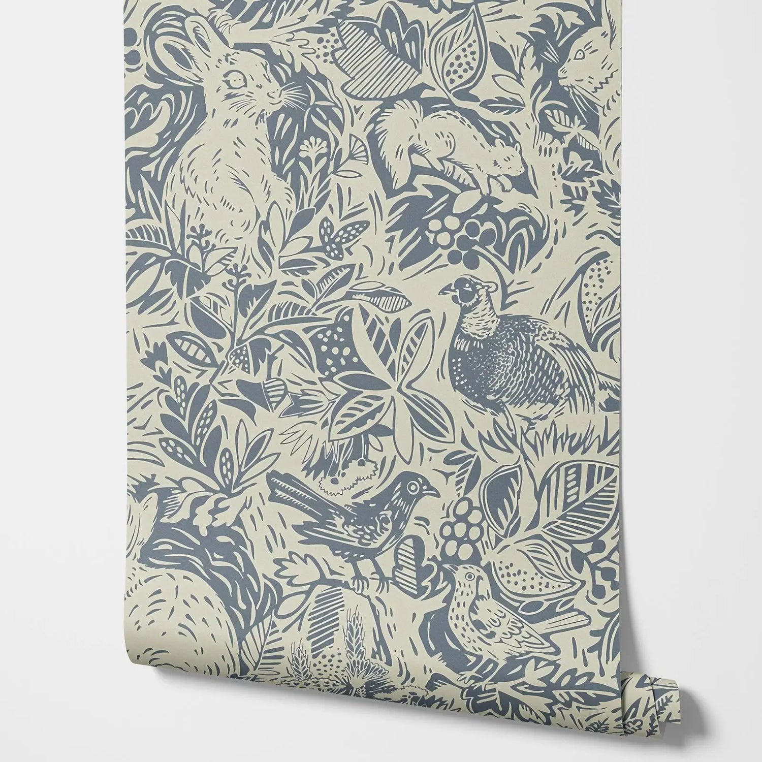 Vintage Blue Rabbit and Fauna Wallpaper