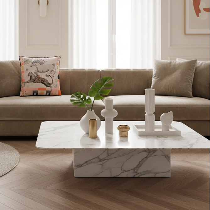 Living room with a marble coffee table, decorative pillow, and a beige sofa.