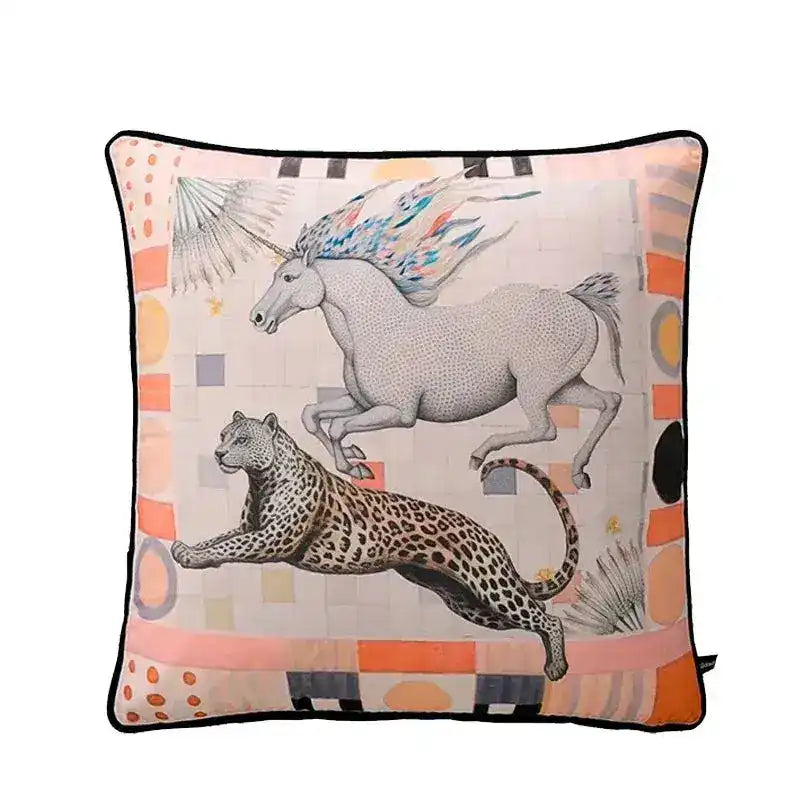 Decorative throw pillow featuring a whimsical design of a unicorn and a leopard, perfect for adding a playful touch to any living space.