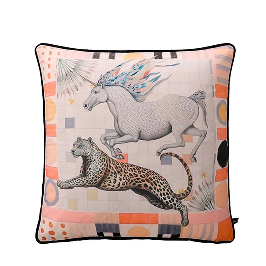 A close-up image of a velvet throw pillow cover featuring a zebra fantasy design. The design includes vibrant colors and intricate details, creating a whimsical and luxurious appearance. The pillow cover adds a touch of elegance and charm to any living space.