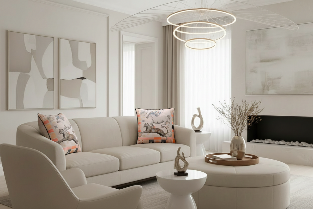Modern living room with a beige sofa, animal pillows, armchair, and coffee table.