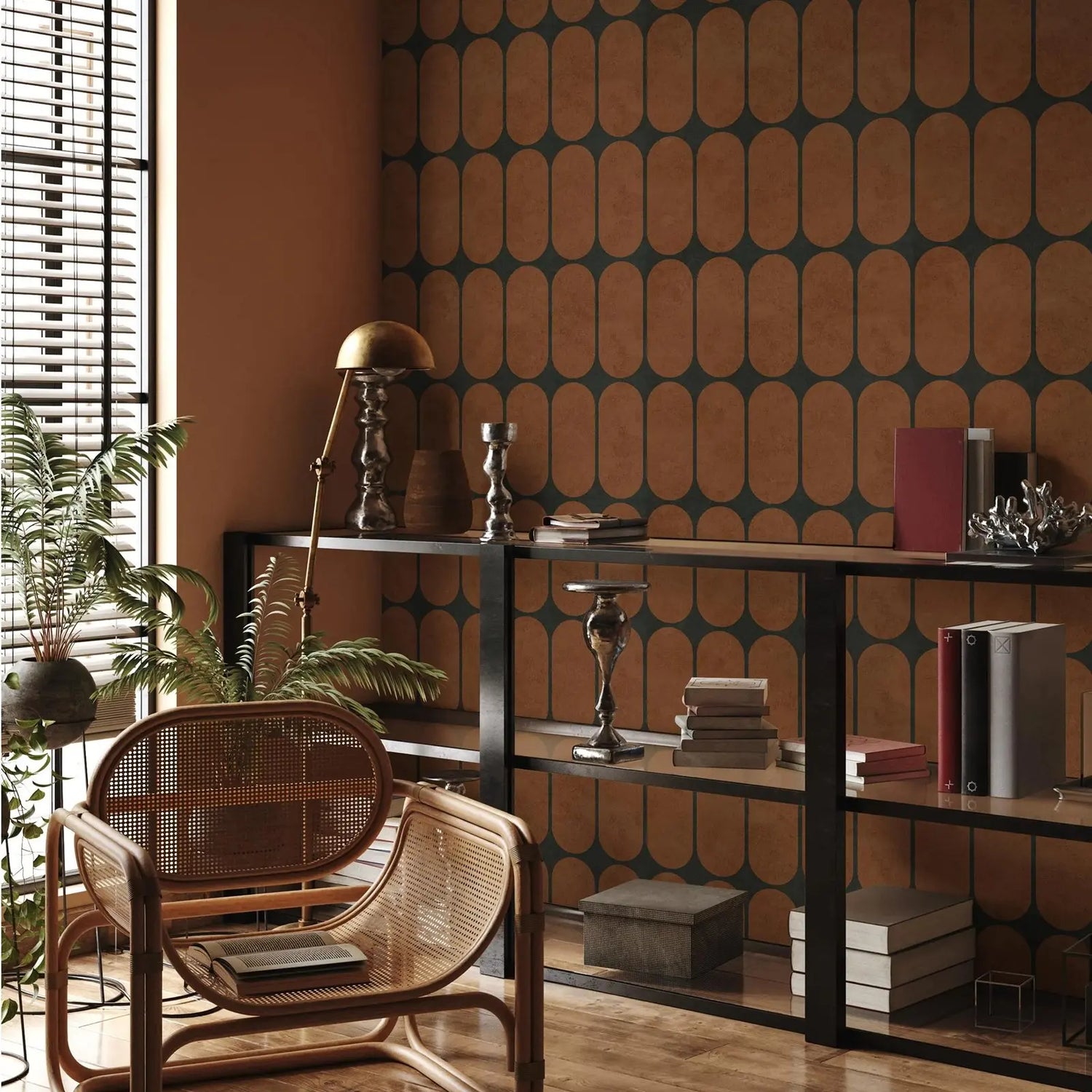 Modern interior with a bookshelf, wicker chair, and decorative items against a patterned wall.