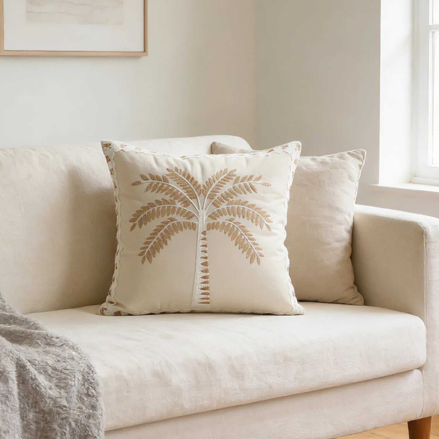 Embroidered Coconut Tree Throw Pillow Cover