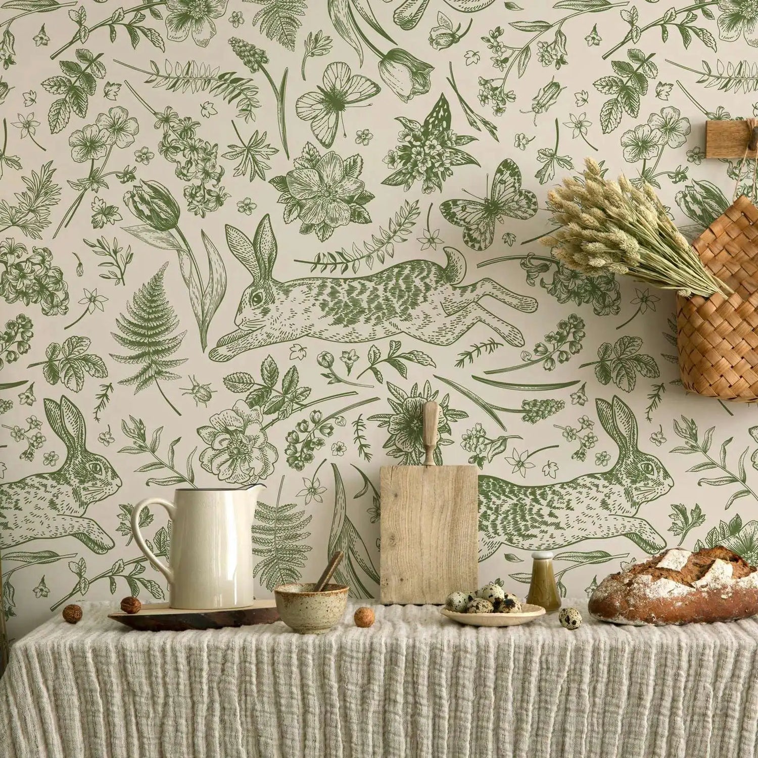 Vintage Botanical Rabbit Forest Wallpaper