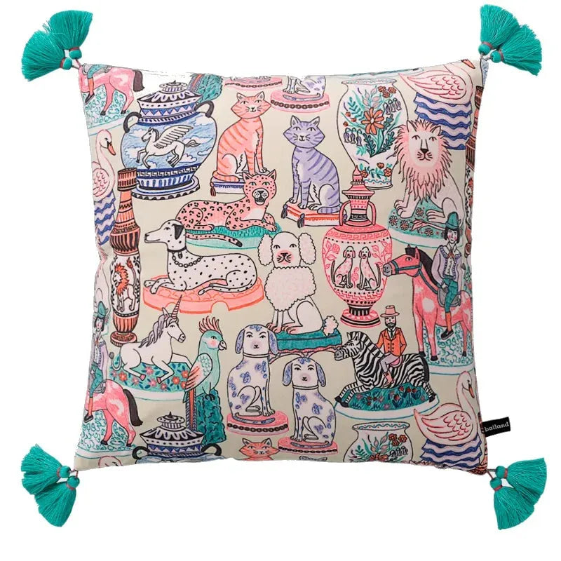 Hand-Drawn Chinoiserie Animal Inspired Pillow Cover with Tassels Green