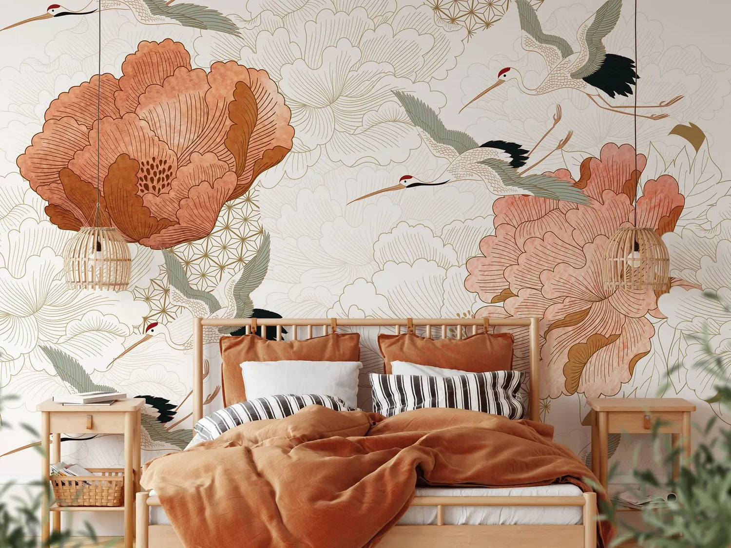 Japanese Cranes and Peony Mural