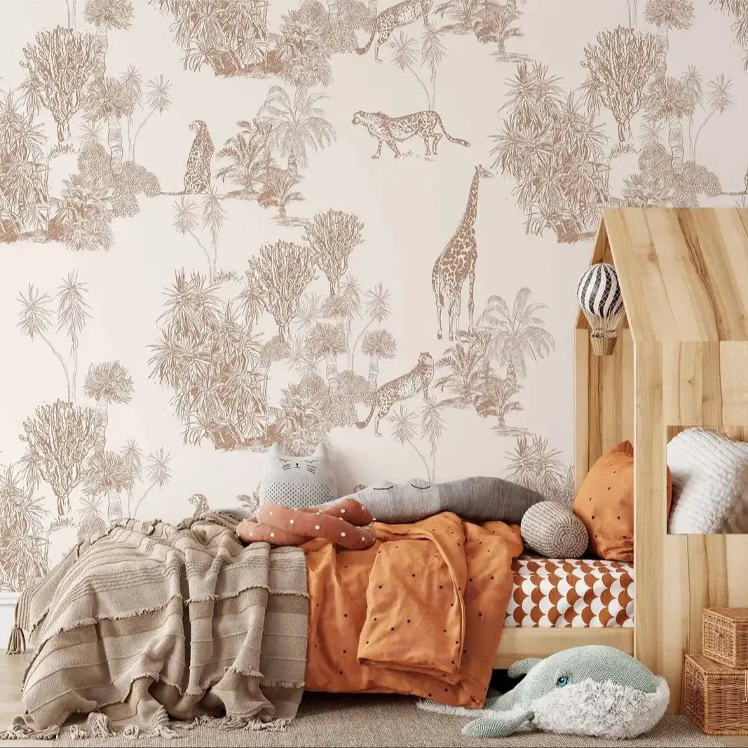 Children's bedroom with animal-themed wallpaper, bed, and toys.