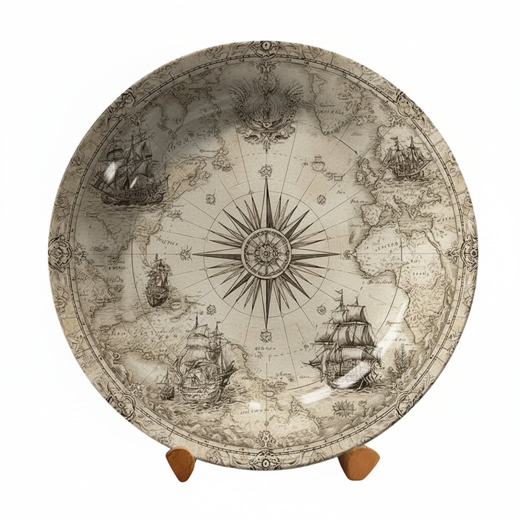 Nautical Map & Compass Rose Decorative Ceramic Plate