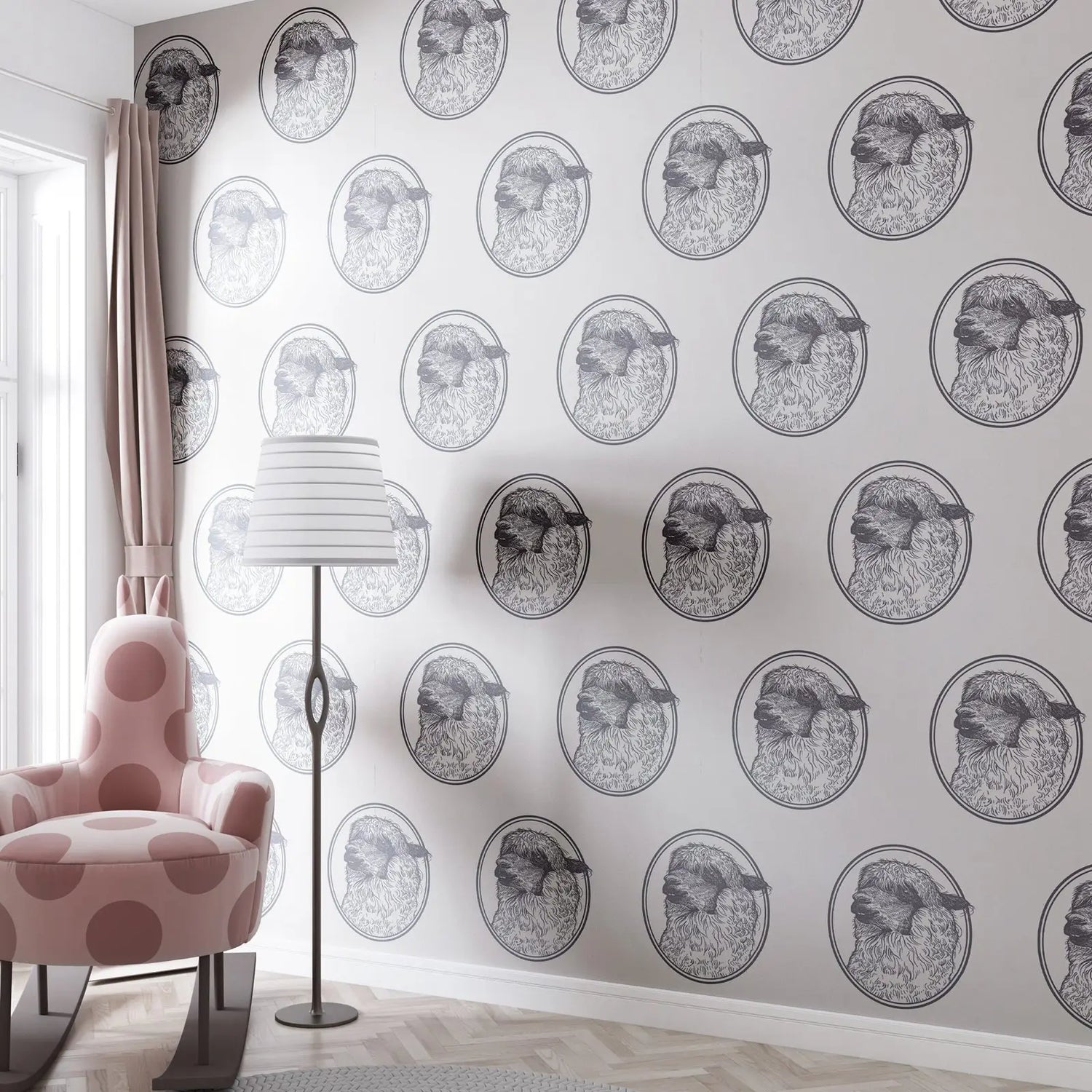 Room interior with patterned wallpaper, pink chair, and standing lamp.