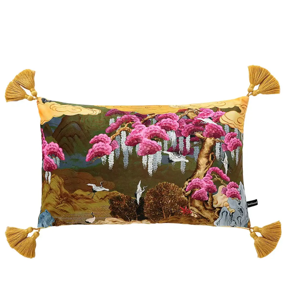 Chinoiserie style throw pillow featuring vibrant pink blooms and elegant cranes against a rich background, accented with tassels.