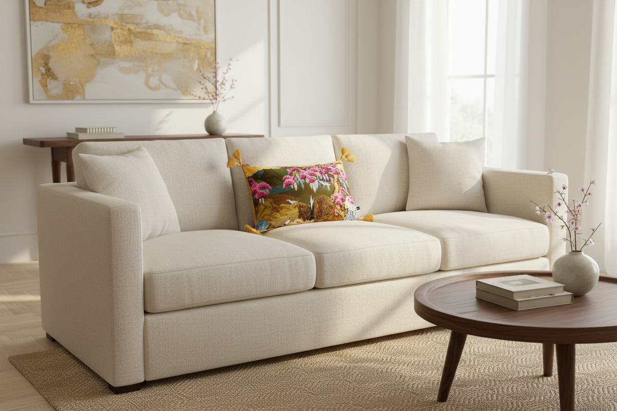 A modern three-seater sofa upholstered in warm off-white fabric, styled in a bright living room with a floral accent pillow, a round wooden coffee table, and neutral decor.