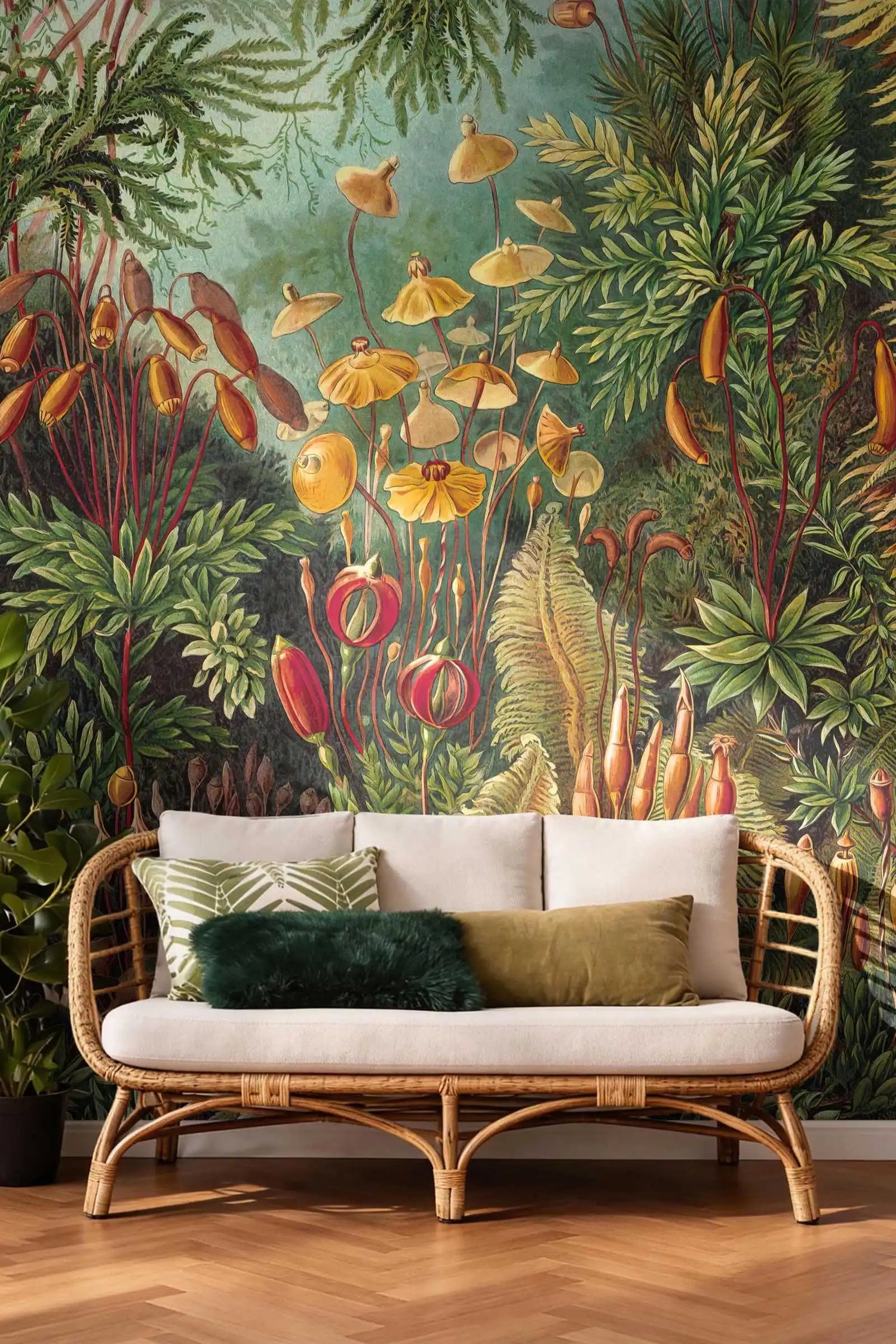 Wicker sofa with colorful pillows against a vibrant tropical wall mural.