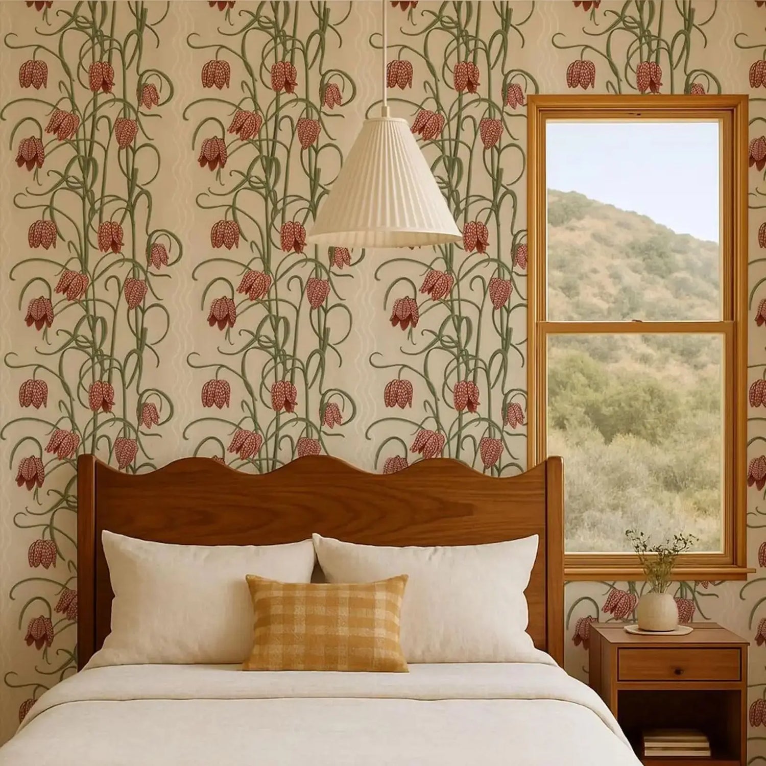 Bedroom with floral wallpaper, wooden headboard, and window view of mountains.