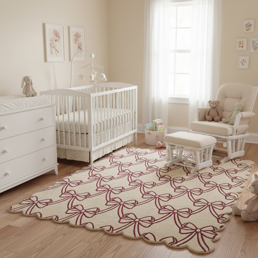 Nursery room with white crib, dresser, and chair, featuring a decorative rug with bow pattern.