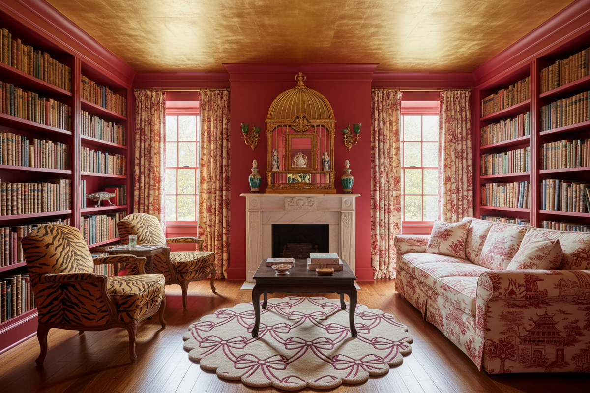 Living room with red walls, bookshelves,  scallop round rug, a fireplace, and patterned furniture.