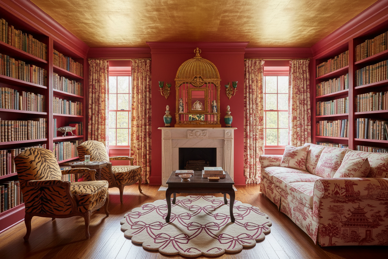 Living room with red walls, bookshelves,  scallop round rug, a fireplace, and patterned furniture.