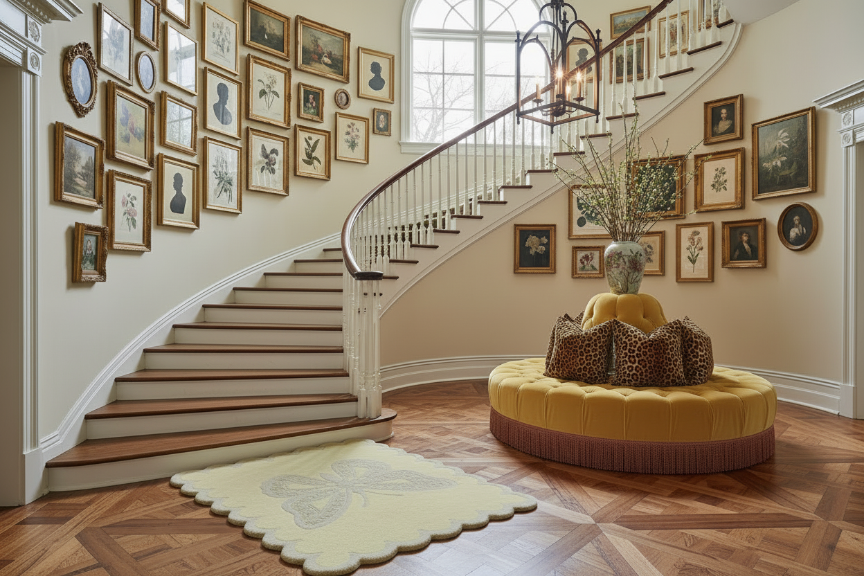 Staircase with decorative scalloped butterfuly rug, wall art and a round ottoman in a well-lit room.