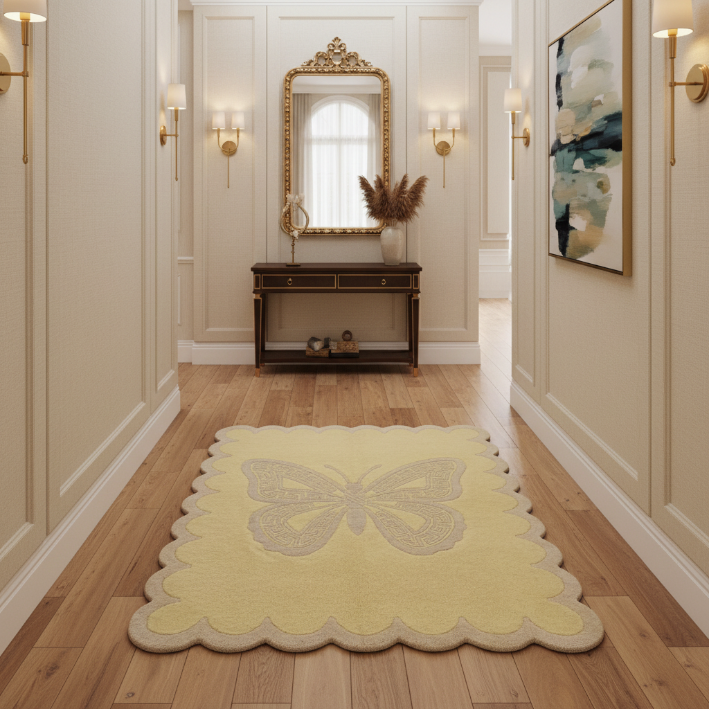 Decorative rug with butterfly design on a wooden floor in a stylish hallway.
