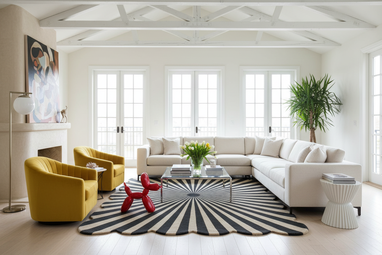 Modern living room with a white sectional sofa, yellow chairs, and a striped rug.