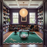 Library with bookshelves, a green rug with dragonfly design, and a round pendant light.
