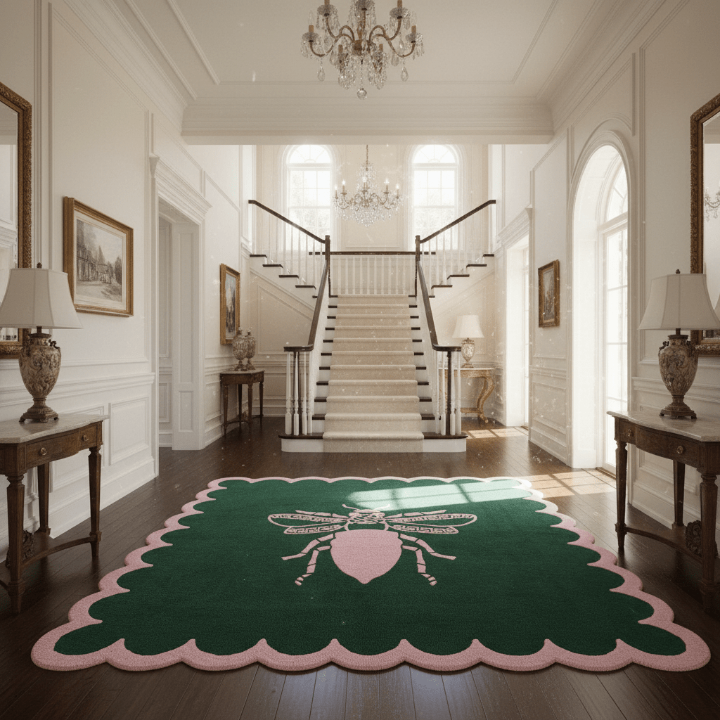 Green rug with pink border and bee design in a elegant hallway