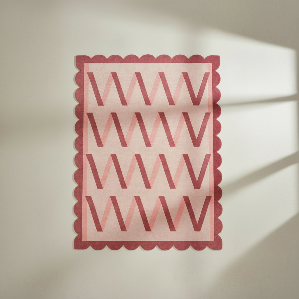 Decorative rug with scalloped edge and letter 'V' pattern on a light background