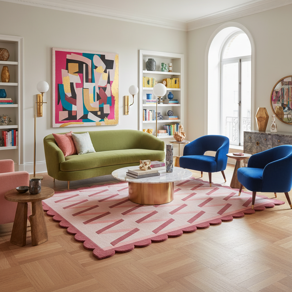 Modern living room with a green sofa, blue chairs, and colorful scalloped wool rug.