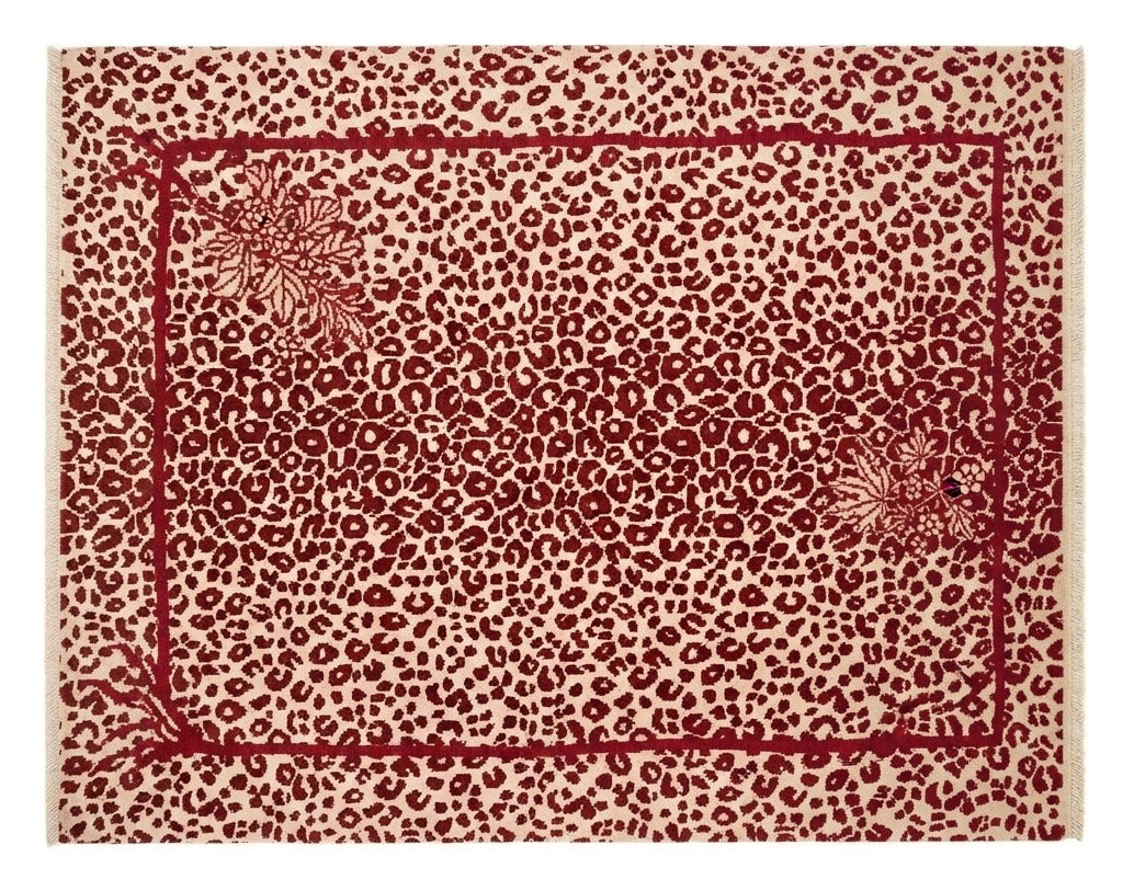 Scarlet Leopard Bouquet Hand Knotted Rug shown flat on a white background