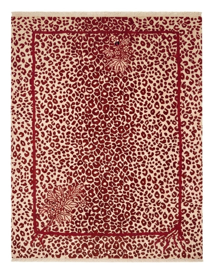 Scarlet Leopard Bouquet Hand Knotted Rug — red, cream, burgundy animal print rug by Maia Homes on a white background