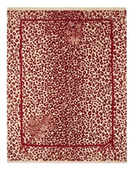 Scarlet Leopard Bouquet Hand Knotted Rug — red, cream, burgundy animal print rug by Maia Homes on a white background