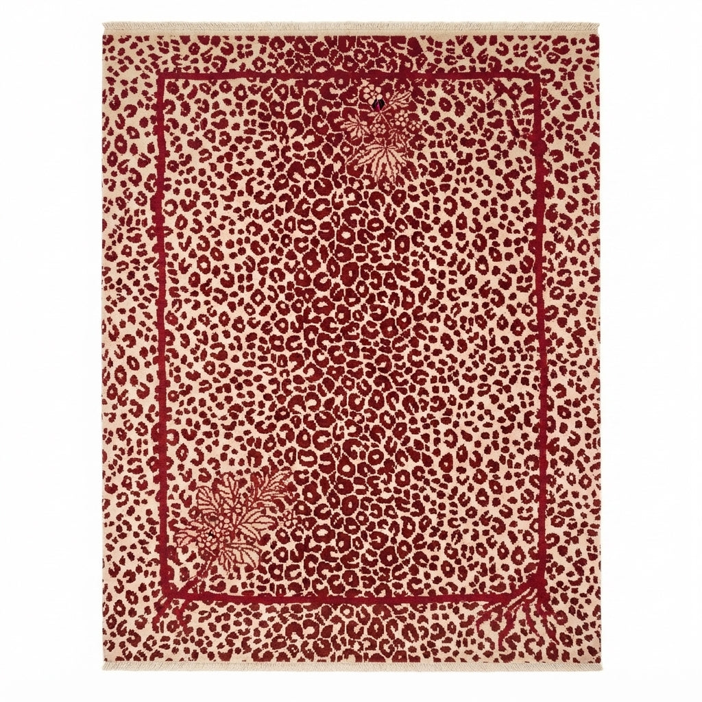 Scarlet Leopard Bouquet Hand Knotted Rug — red, cream, burgundy animal print rug by Maia Homes