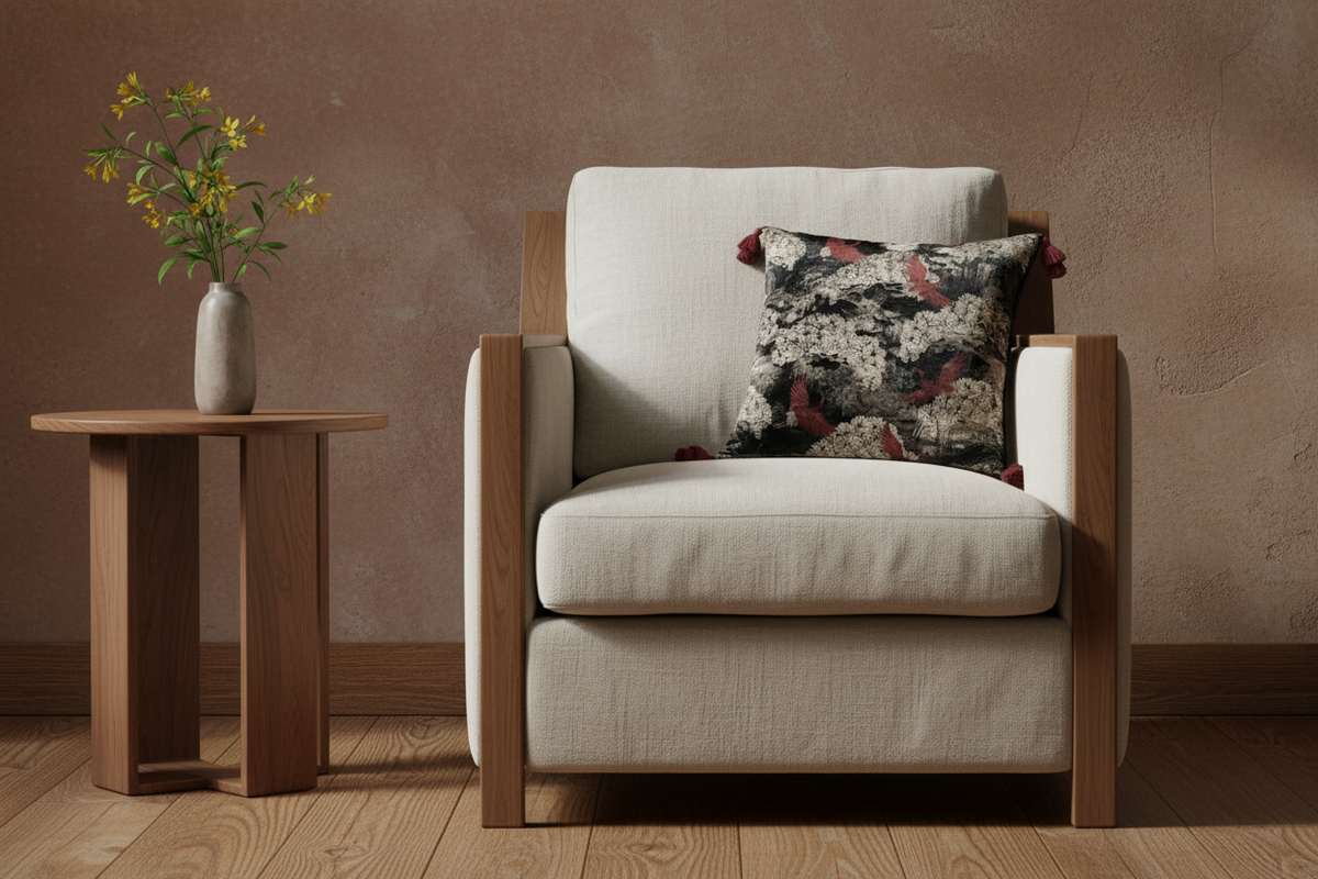 A modern upholstered armchair with light beige fabric and natural wood arms, styled with a patterned accent pillow, next to a small wooden side table holding a vase of yellow flowers against a textured brown wall.