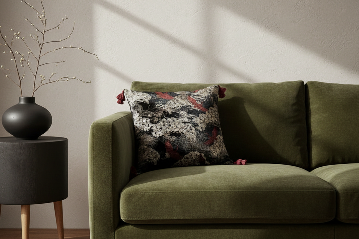 Scarlet Crane Velvet Embroidered Throw Pillow on an olive green velvet sofa.
