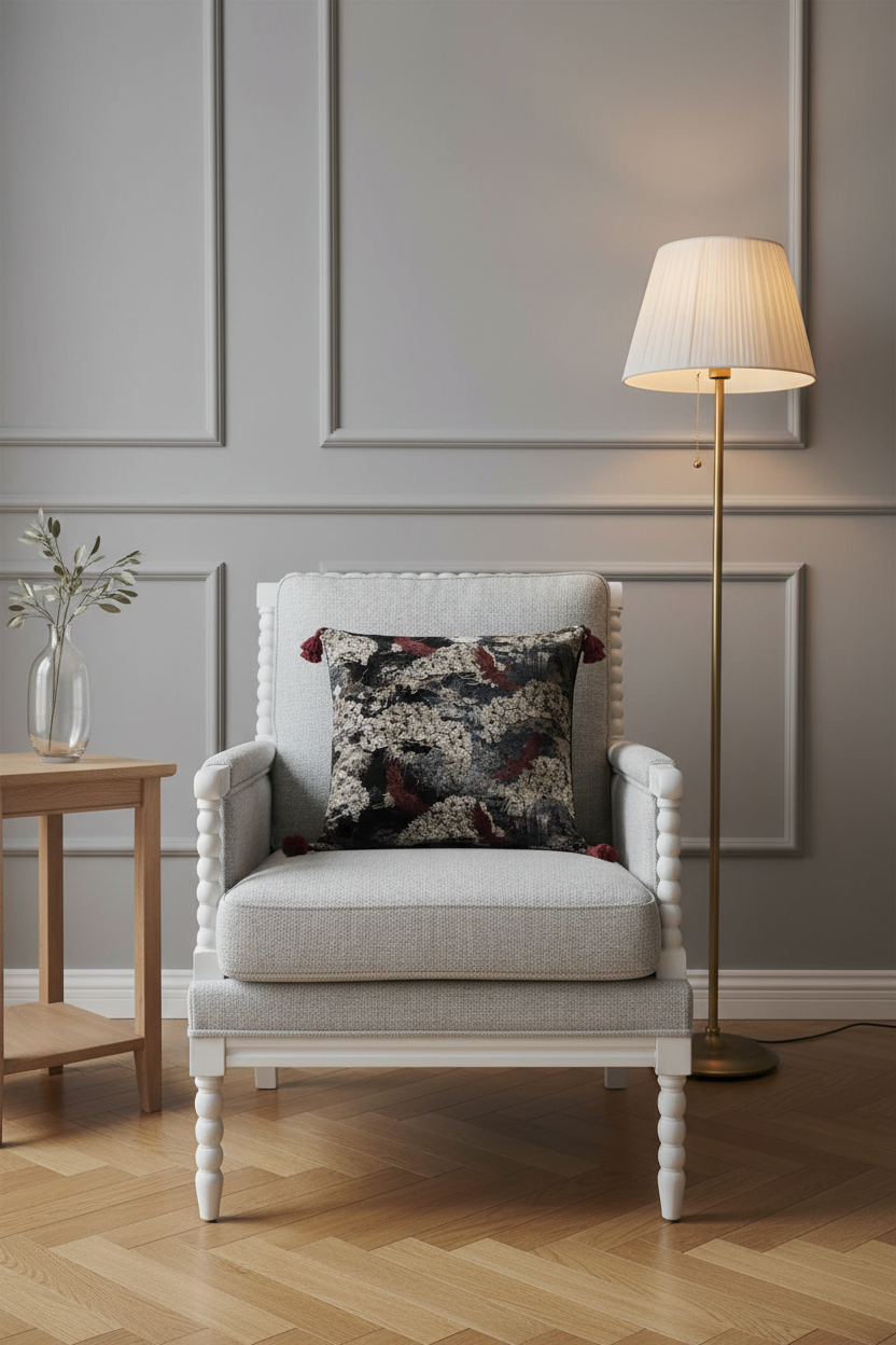 A light gray upholstered armchair with a dark patterned accent pillow, set in a styled room with a gray paneled wall, a wooden side table, a floor lamp, and a herringbone wood floor.