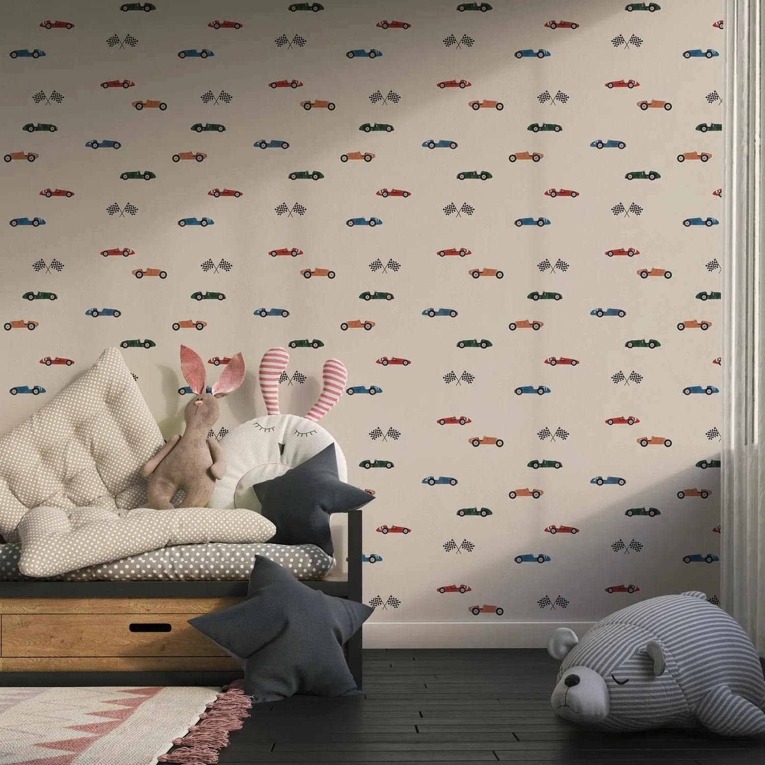Children's room with patterned wallpaper, sofa, and stuffed toys.
