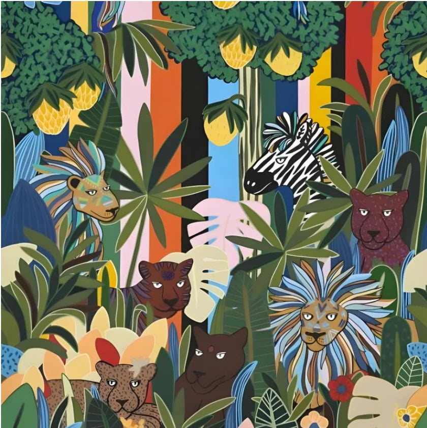 Colorful fabric pattern with jungle animals and foliage