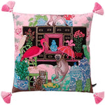 Chinoiserie Monkey and Bird Velvet Throw Pillow Cover with Tassel 22" x 22"