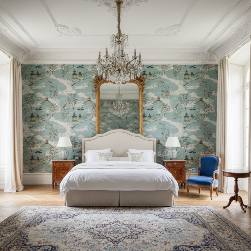 Luxurious bedroom with patterned wallpaper, chandelier, and elegant furniture.