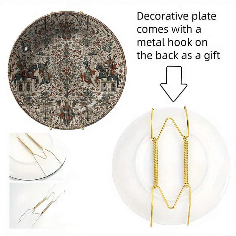 Decorative plate with a metal hook on the back, shown on a white background.