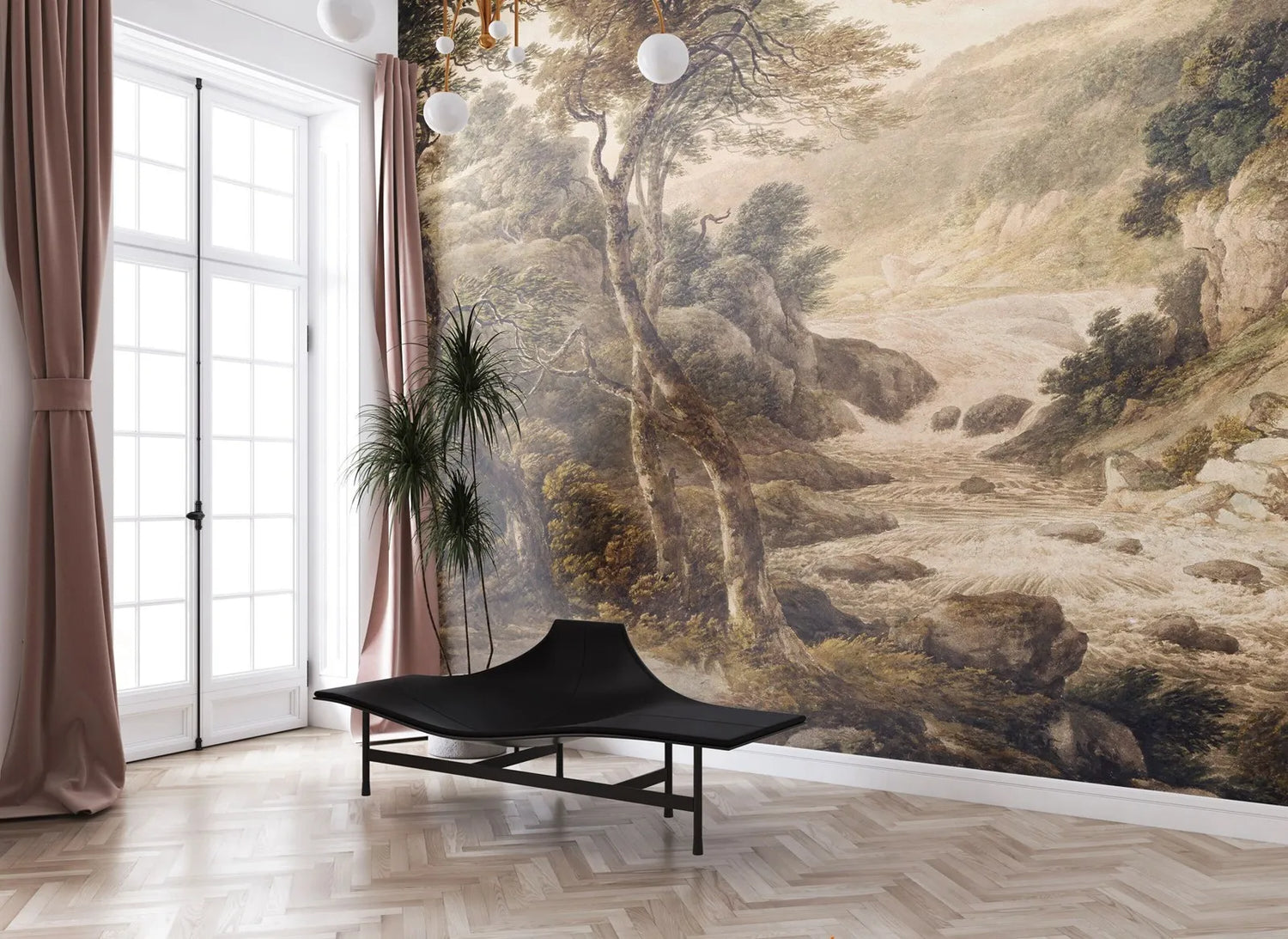 Room interior with a large wall mural of a landscape, black bench, and pink curtains.