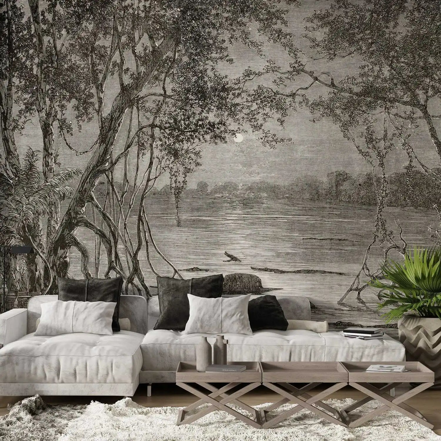 Living room with a large wall mural of a forest scene.