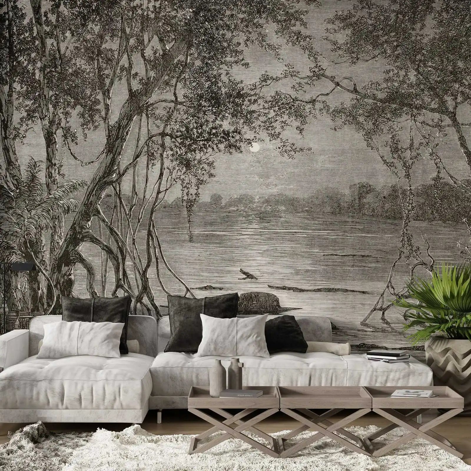 Living room with a large wall mural of a forest scene.