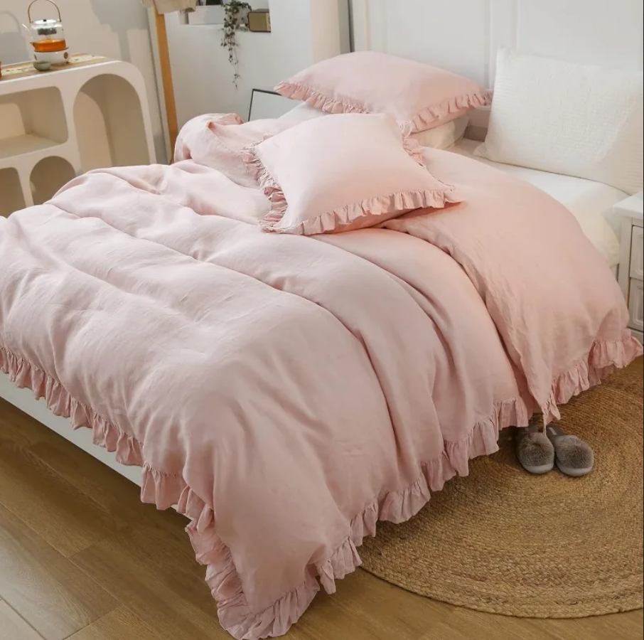 100% Washed Linen Duvet Cover Set - Blush Pink