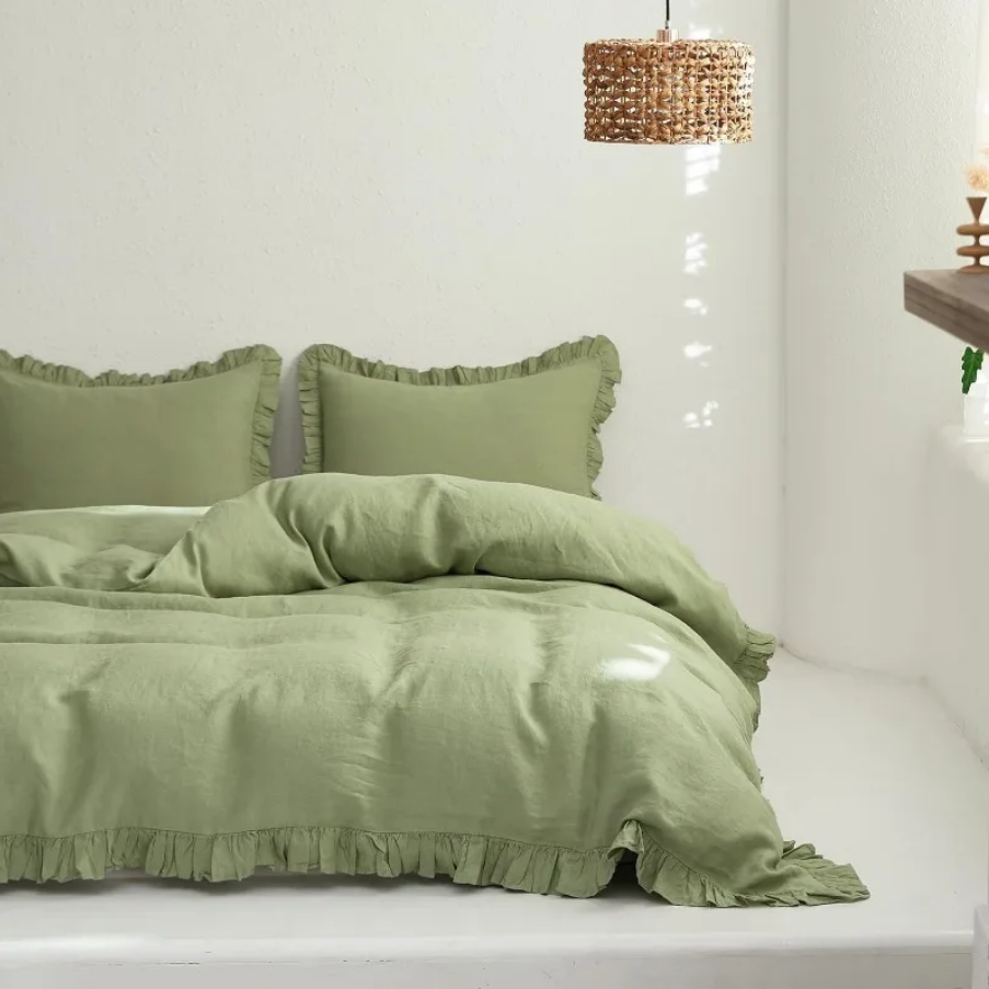 100% Washed Linen Duvet Cover Set - Sage Green