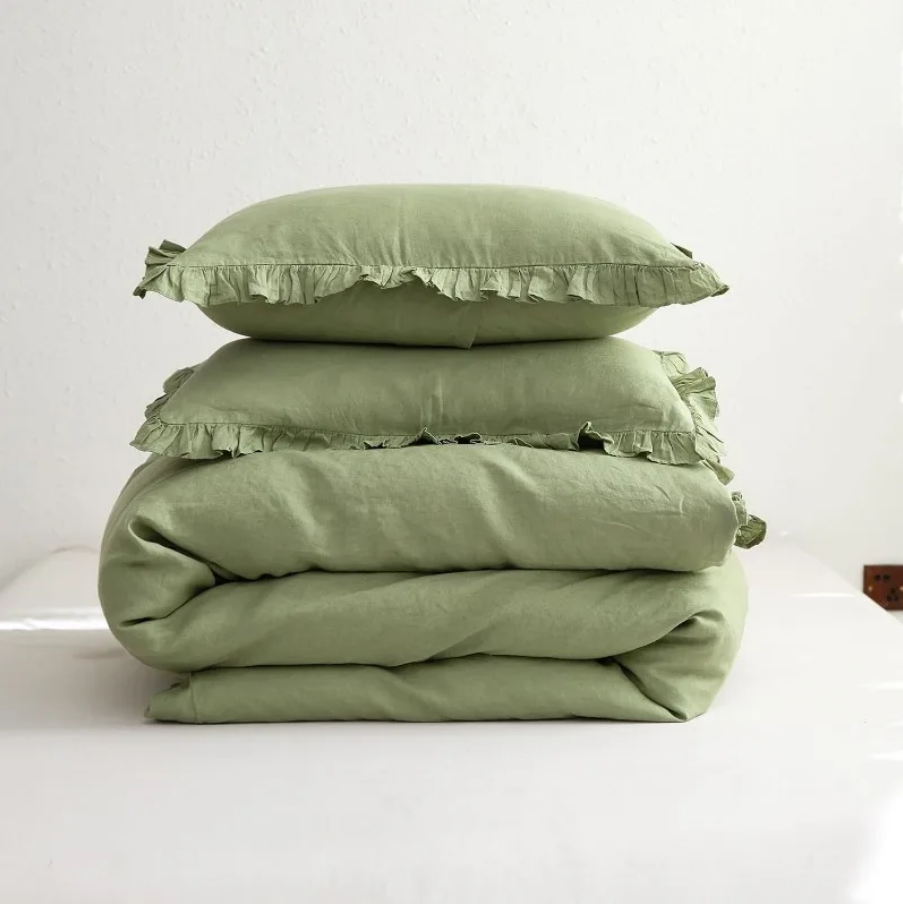 100% Washed Linen Duvet Cover Set - Sage Green