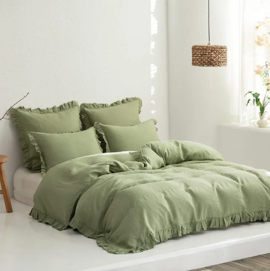 100% Washed French Linen Duvet Cover Set - Sage Green