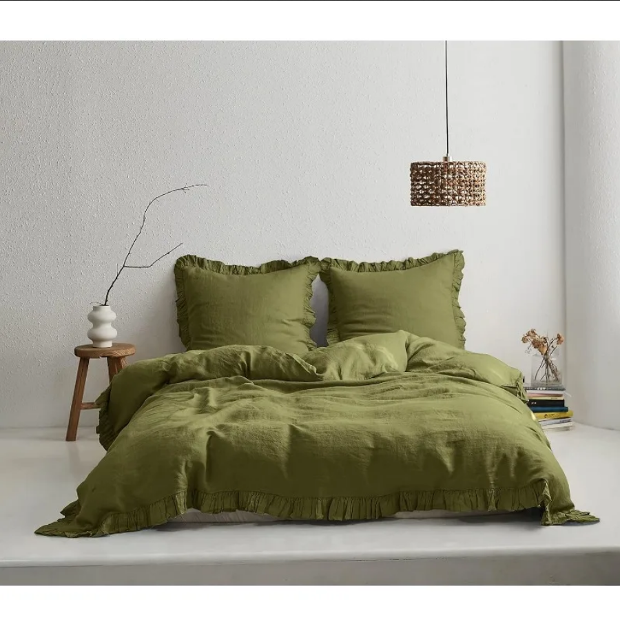 100% Washed Linen Duvet Cover Set -  Olive Green