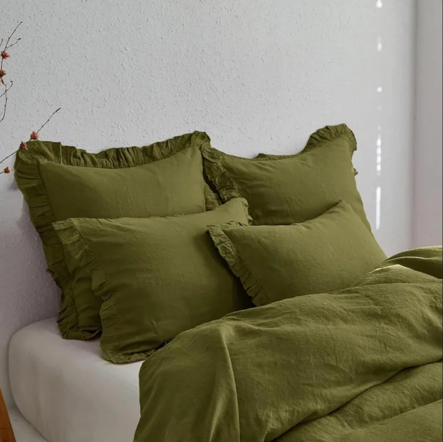 100% Washed Linen Duvet Cover Set -  Olive Green