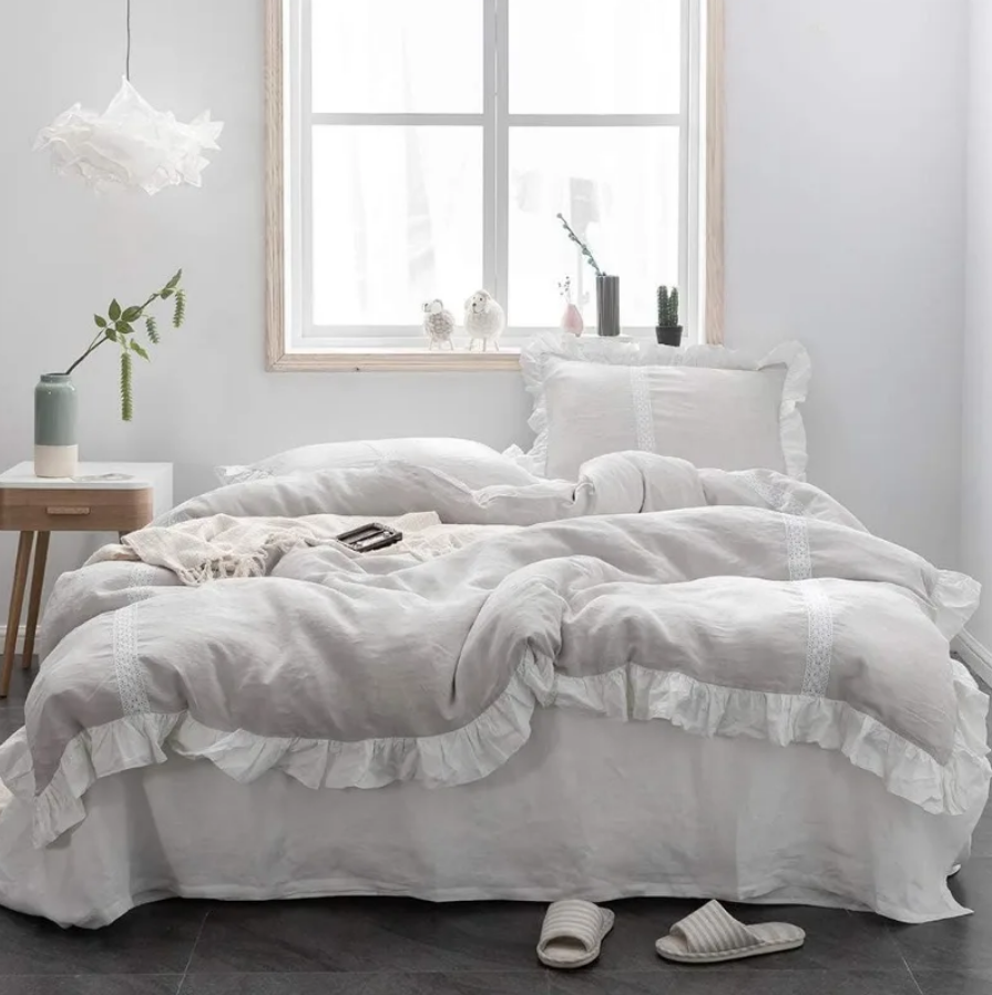 100% Washed French Linen Duvet Cover Set -  Floral Grey