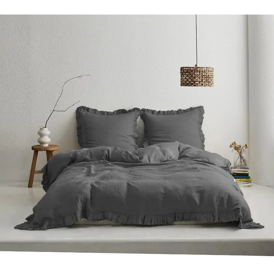 100% Washed Linen Duvet Cover Set - Dark Grey